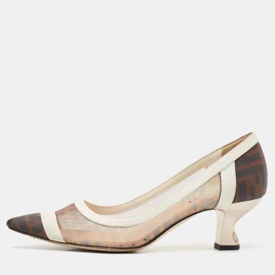 Pre-owned Fendi Brown/white Zucca Mesh And Leather Colibri Pumps Size 37.5