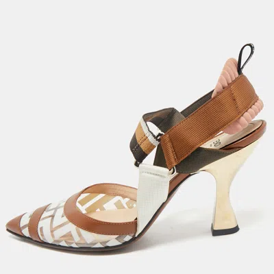 Pre-owned Fendi Brown/white Zucca Pvc And Fabric Colibri Slingback Pumps Size 38