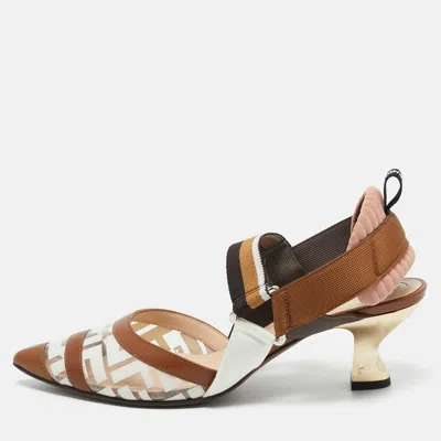 Pre-owned Fendi Brown/white Zucca Pvc And Leather Colibri Slingback Pumps Size 37.5