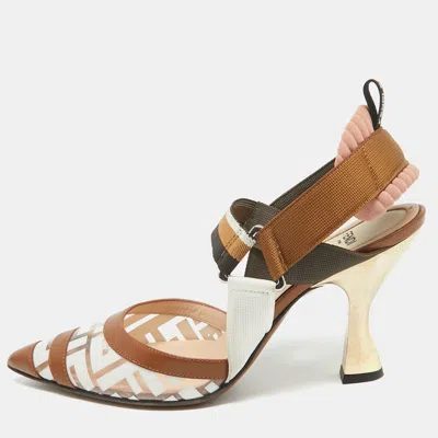 Pre-owned Fendi Brown/white Zucca Pvc And Leather Colibri Slingback Pumps Size 38
