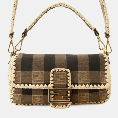 Pre-owned Fendi Bucket 2-way Bag Beige/brown Raffia Canvas In Sand