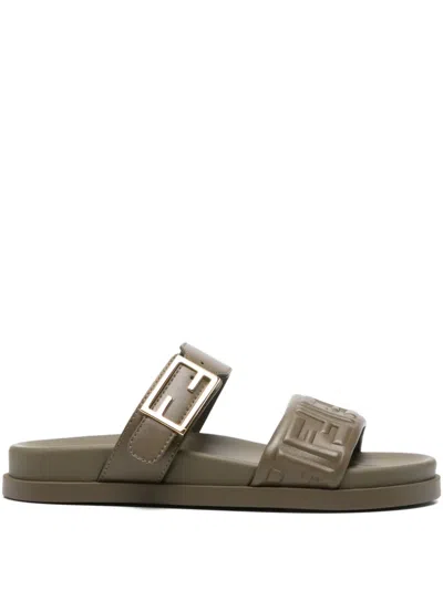 Fendi Leather Flat Sandals Open Toe Design In Green