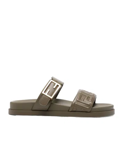 Fendi Buckle Embossed-ff Sandals In Green