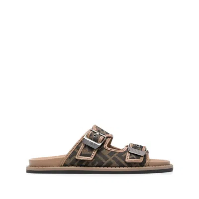 Fendi Buckle-strap Ff Canvas Slide Sandals In Brown