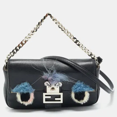 Pre-owned Fendi Buggie Baguette Micro Leather And Fur Crossbody Bag In Black