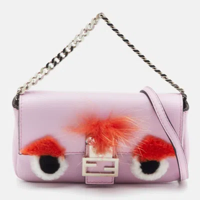 Pre-owned Fendi Buggie Micro Pink Leather And Fur Baguette Crossbody Bag