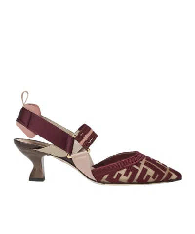 Fendi Burgundy Ff Fabric Medium-heeled Slingbacks In Brown