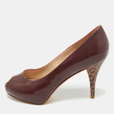 Pre-owned Fendi Burgundy Patent Leather Zucca Print Heel Peep Toe Platform Pumps Size 36