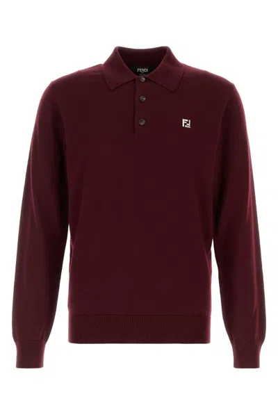 Fendi Stretch Wool Polo Shirt Ribbed Cuffs In Burgundy