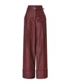 Fendi Women Bordeaux Pants With Ff Buckle Belt And Maxi Turn-up Hem In Silk Woman In Red