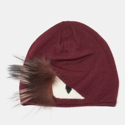Pre-owned Fendi Burgundy Wool Monster Eye Fur Detail Beanie (one Size)