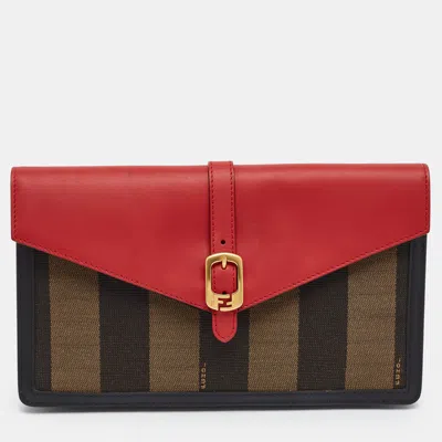 Pre-owned Fendi Bustina Tricolor Pequin Canvas And Leather Clutch In Red