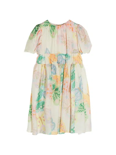Fendi Kids' Butterfly-print Puff-sleeve Dress In Neutral