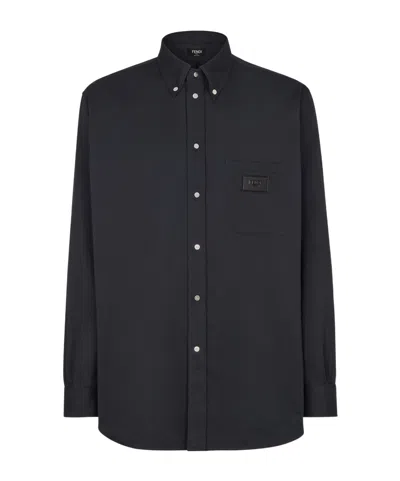 Fendi Button Collar Long-sleeved Denim Shirt In Black