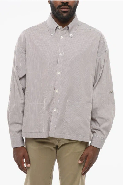 Fendi Button-down Popeline Shirt With Hairline Pattern In Gray