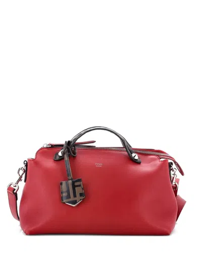 Pre-owned Fendi By The Way Leather With Zucca Embossed Detail Small Satchel In Red