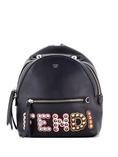 Pre-owned Fendi By The Way Logo Studded Leather Mini Backpack In Black