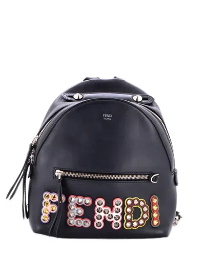 Pre-owned Fendi By The Way Logo Studded Leather Mini Backpack In Black