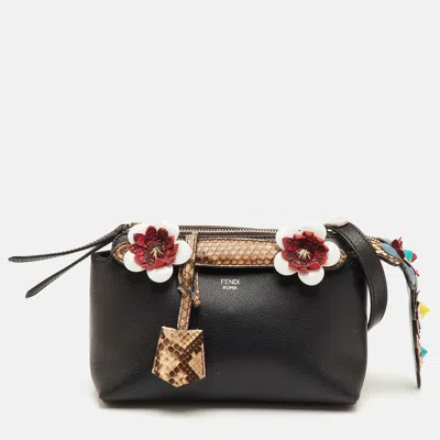 Pre-owned Fendi By The Way Mini Black Leather And Python Trim Flowerland Shoulder Bag
