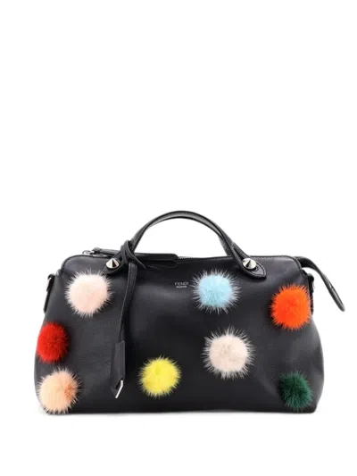 Pre-owned Fendi By The Way Pom Pom Leather Small Satchel In Black