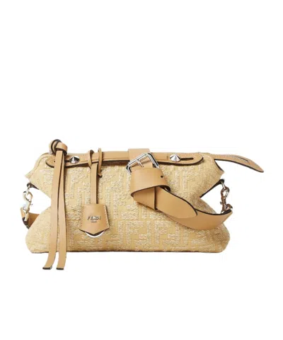 Fendi Jacquard Fabric Bag With Raffia Ff In Beige