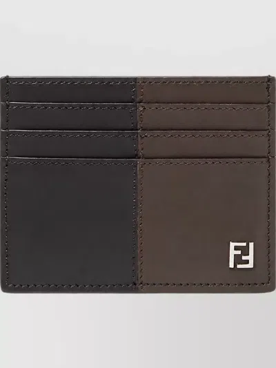Fendi Calf Leather Bicolor Card Holder In Brown