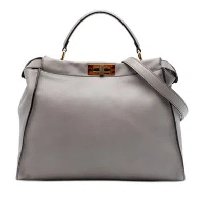 Pre-owned Fendi Calf Leather Large Calfskin Peekaboo Iconic Satchel In Gray