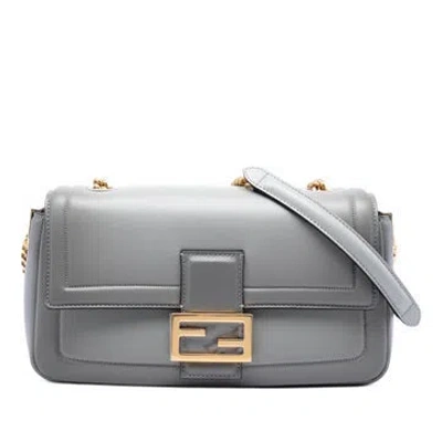 Pre-owned Fendi Calf Leather Leather Baguette Chain Midi Shoulder Bag In Gray