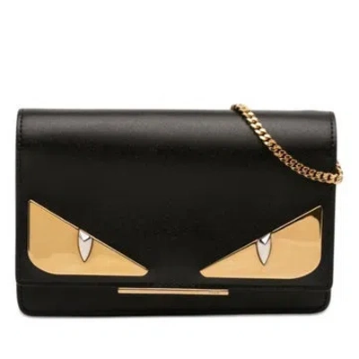 Pre-owned Fendi Calf Leather Leather Eye Monster Tube Wallet On Chain In Black