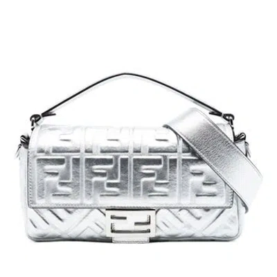 Pre-owned Fendi Calf Leather Medium Metallic Leather Embossed Ff Baguette Satchel In Silver