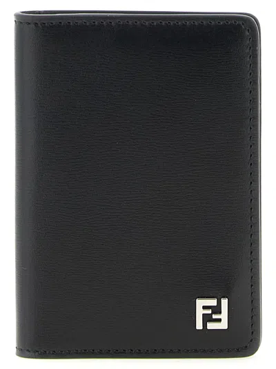 Fendi Calf Leather With Metal Ff Logo Card Case In Black