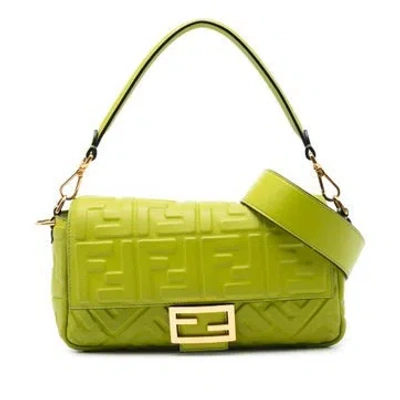 Pre-owned Fendi Calf Leather Zucca Embossed Leather Baguette Satchel In Green