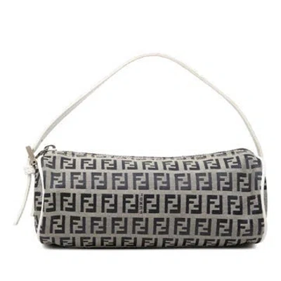 Pre-owned Fendi Calf Leather Zucchino Canvas Barrel Pochette In Gray