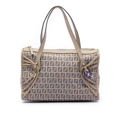 Pre-owned Fendi Calf Leather Zucchino Canvas Tote In White