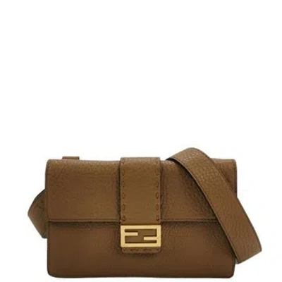 Pre-owned Fendi Calfskin Selleria Convertible Baguette Pouch In Brown