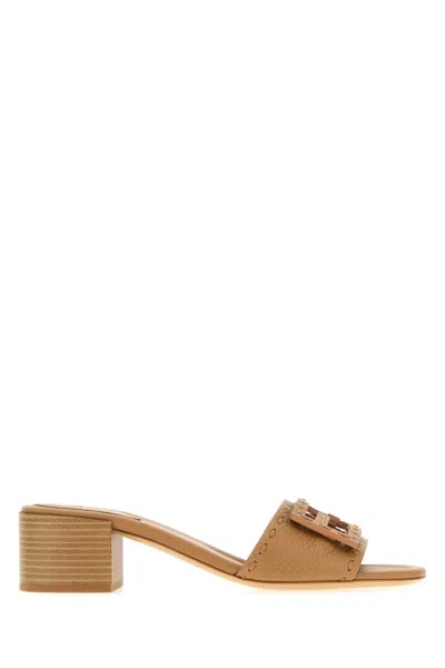 Fendi Camel Leather Baguette Mules In Brown
