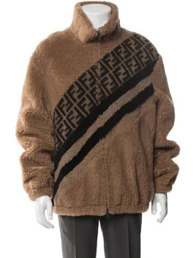 Pre-owned Fendi Camel Leather Graphic Print Jacket In Brown