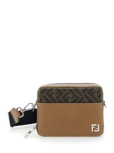 Fendi 'camera Case Organizer' Beige And Brown Crossbody Bag With Ff Motif In Leather And Canvas Man In Multicolor