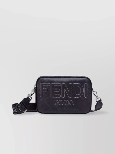 Fendi Camera Case With Adjustable Strap And Textured Stripe Ff Motif In Black