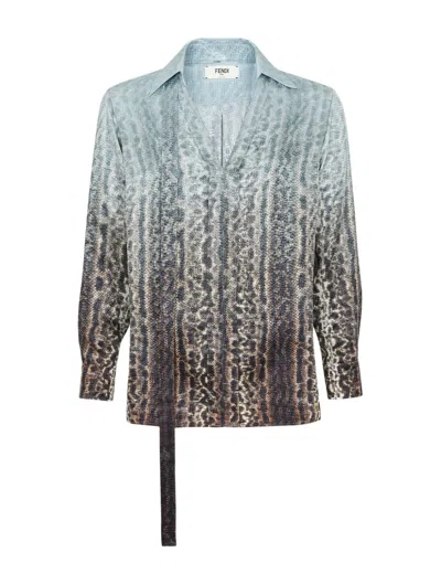 Fendi Animalier Light Blue Silk Shirt In Multi