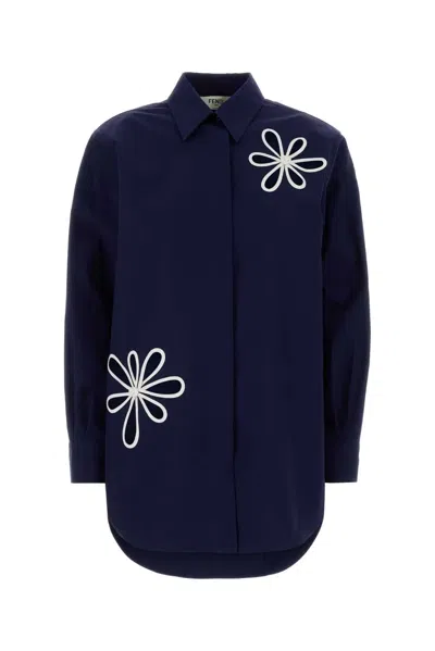 Fendi Floral-embroidered Cotton Shirt In Blue