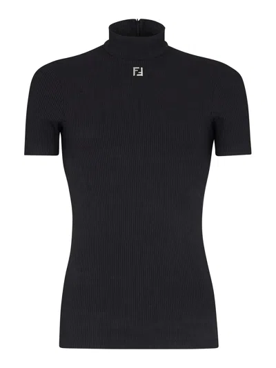 Fendi High Neck T-shirt In Black