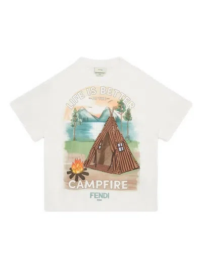 Fendi Kids' Campfire-print Crew-neck T-shirt In White