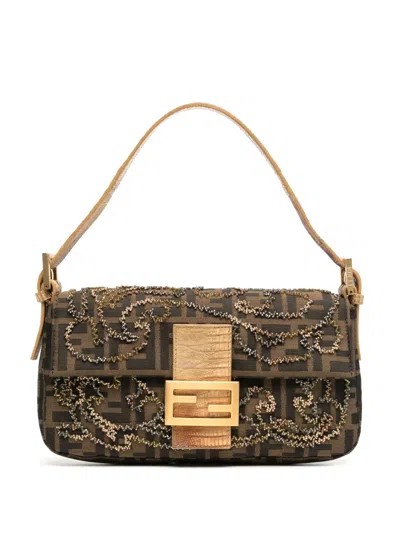 Pre-owned Fendi Canvas And Beaded Baguette Bag In Brown