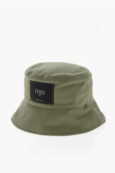 Fendi Canvas Bucket Hat With Logo Patch In Green