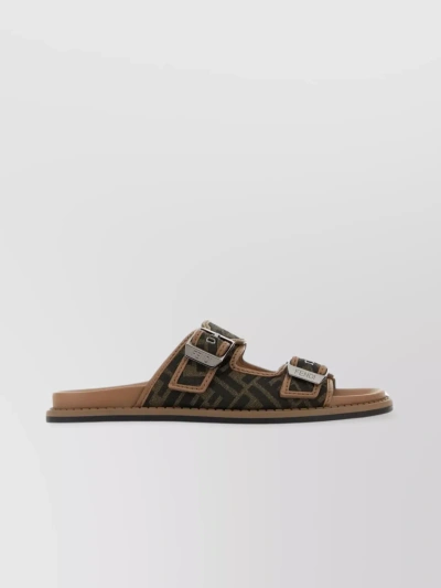 Fendi Canvas Feel Slippers With Adjustable Straps And Ff Motif Embroidery In Black