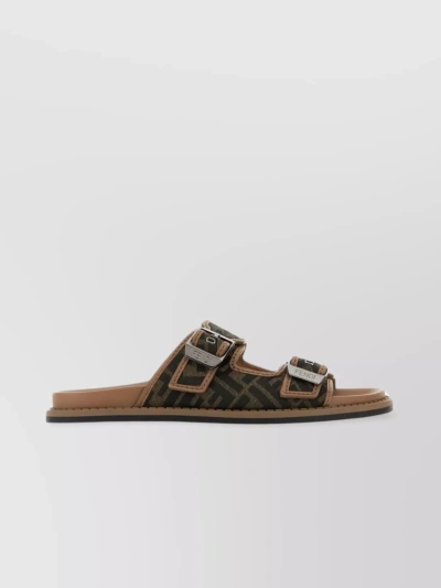 Fendi Canvas Feel Slippers With Adjustable Straps And Ff Motif Embroidery In Tabacconerosand