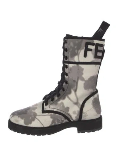 Pre-owned Fendi Canvas Printed Combat Boots In Gray