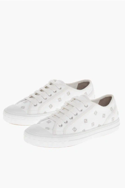Fendi Canvas Sneakers With Embroidered Monogram Motif In White Silver