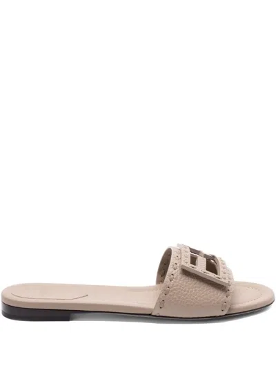 Fendi Women Cappuccino Leather Baguette Slippers In Brown